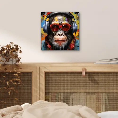 Chimpansee - Aap - dieren - Graffiti - Bril - Koptelefoon - Kleuren aluminium wit klein -sfeer3