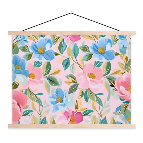 Blauw - Roze - Bloemen textielposter latten blank klein -3d