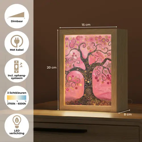 Boom - Levensboom - Roze - Goud Light Box met kabel (Tafellamp) klein -USP_NL