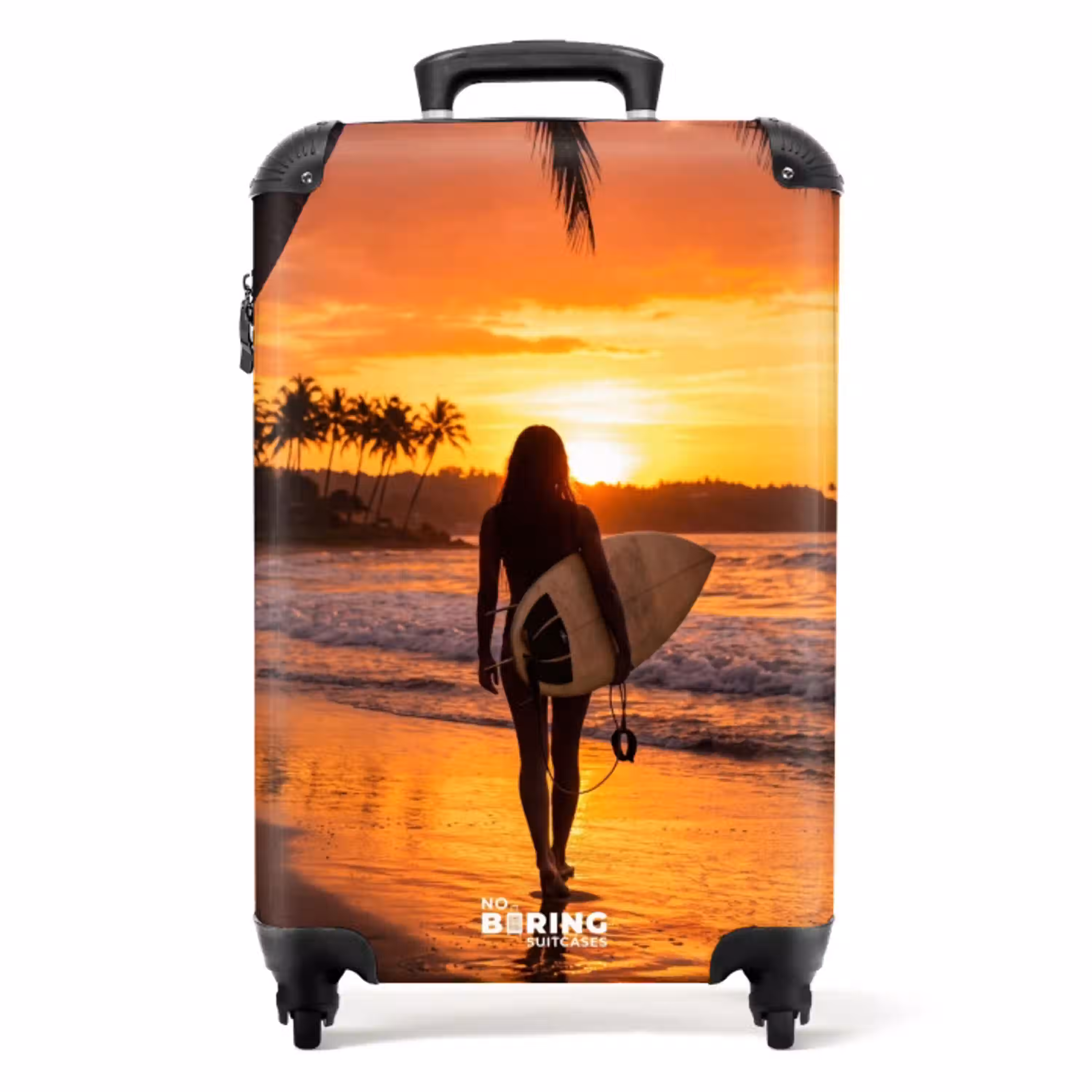 Vrouw - Surfplank - Strand - Zonsondergang - Oranje NBS - Handbagage koffer - Volwassenen Unisex middel -productfoto_recht