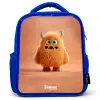 Oranje Pluizig Monster met Hoorns Kinderrugzak - Blauw middel -3d