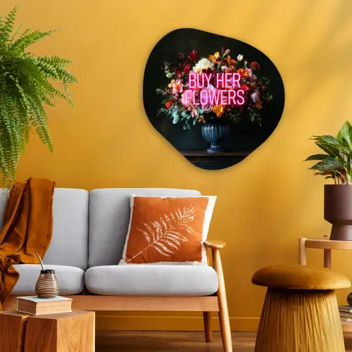 Quote - Bloemen - Vaas - Neon Wandcirkel Organisch Aluminium middel -sfeer4