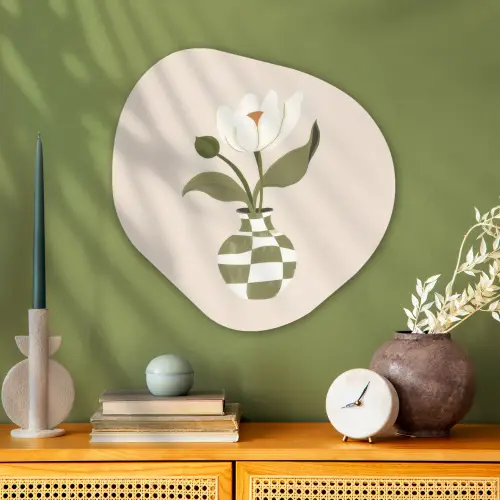 Vaas - Geruit - Bloem - Groen Wandcirkel Organisch Plexiglas middel -sfeer2