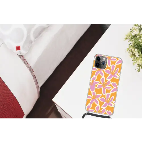Bloemen - Patroon - Roze  - Oranje Hoesje iPhone 12 Pro met koord klein -kamer