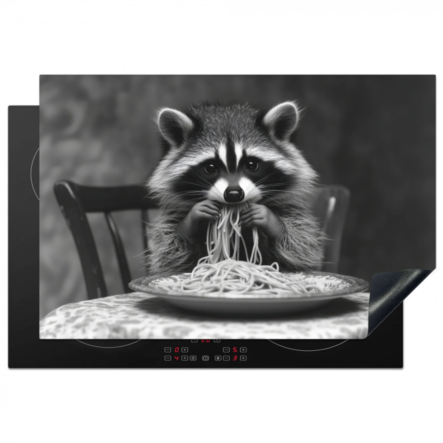 Wasbeer - Cute - Pasta - Tafelkleed - Zwart - Wit Inductie beschermer vinyl 3mm klein -3d