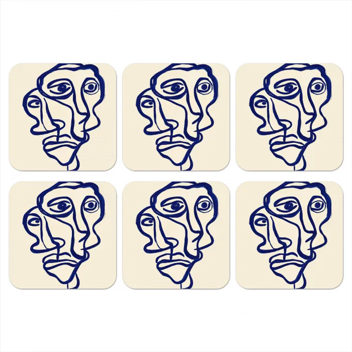Lijntekening - Overlappende gezichten - Donkerblauw onderzetter kurk middel -3d
