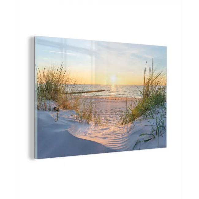 Glas schilderij - Strand - Zon - Duin - Gras - Zand - Horizon