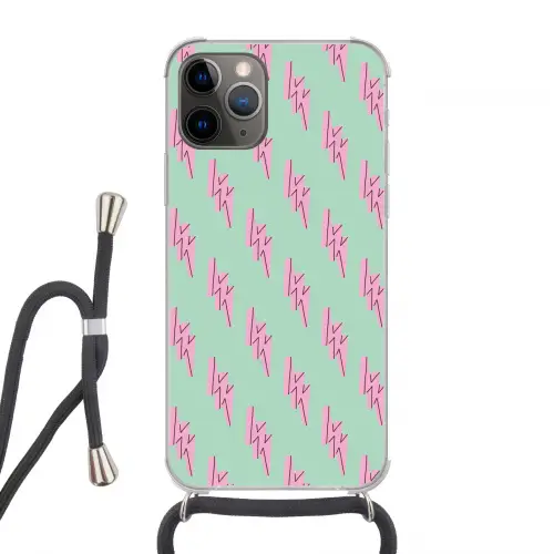 Bliksemschichten - Patroon - Groen - Roze Hoesje iPhone 12 Pro met koord klein -3d