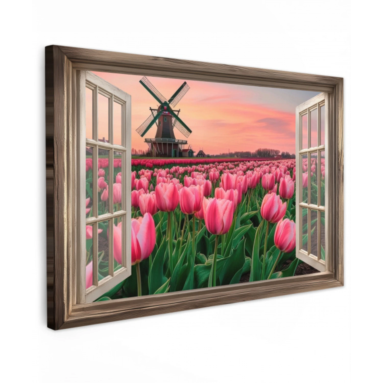 Doorkijk - Tulpen - Bloemen - Molen - Raam Tuinposter op houten frame 2 cm dik klein -3d