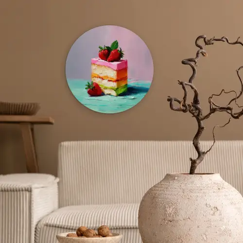 Taartje - Aardbeien - Glazuur - Kleurrijk Wandcirkel plexiglas klein -sfeer1