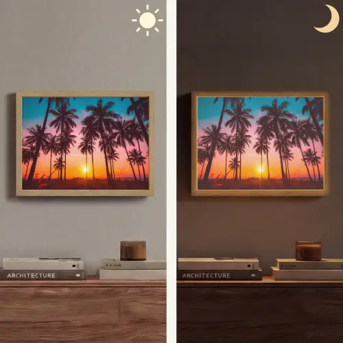 Palmboom - Zonsondergang - Horizon - Strand - Oranje - Roze Light Box met batterij (Wandlamp) middel -sfeer3