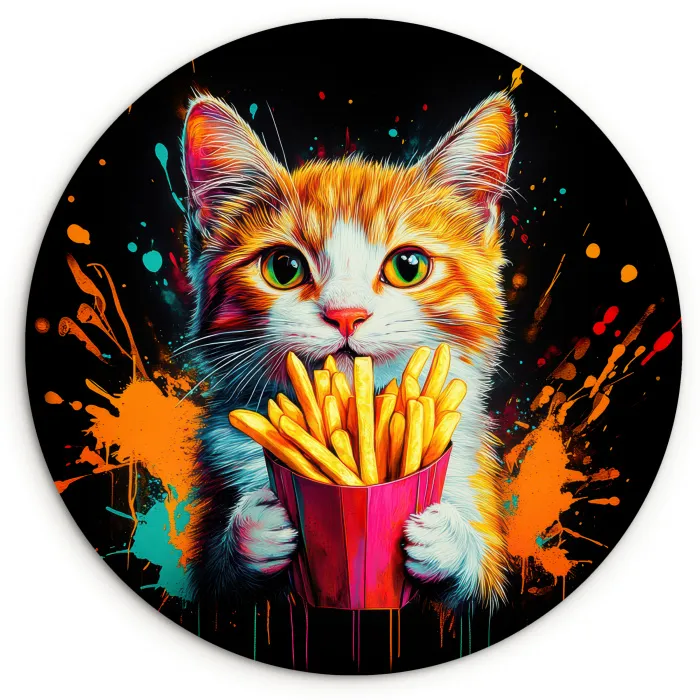 Kat - Eten - Patat - Graffiti - Abstract Wandcirkel plexiglas klein -3d