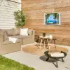 Doorkijk - Boom - Zee - Palmboom - Heuvels - Strand - Blauw Tuinposter op houten frame 2 cm dik klein -sfeer2