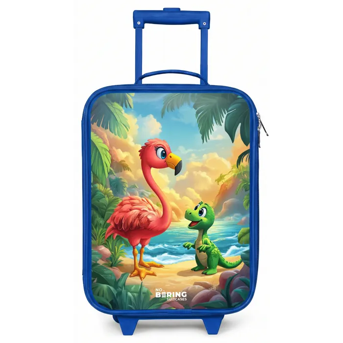 Flamingo en dinosaurus op strand bij ondergaande zon Kinderkoffer - Blauw klein -zz3dotto