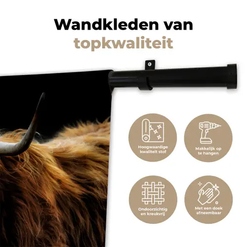 Schotse Hooglander - Horens - Zwart - Dieren - Natuur - Wild - Koe Wandkleed katoen klein -sfeer2