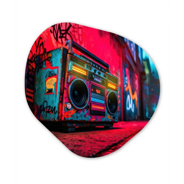 Boombox - Rood - Graffiti - Neon Wandcirkel Organisch Plexiglas middel -3d