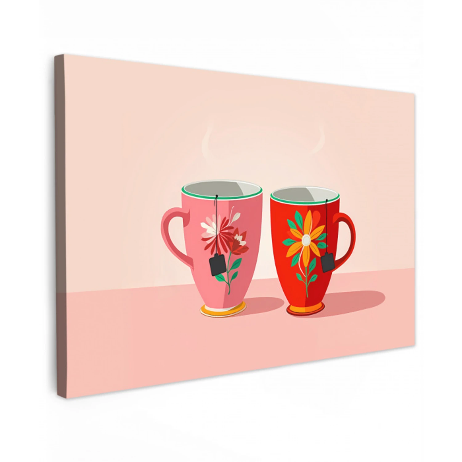 Theekopjes - Bloemmotieven - Roze - Theezakjes Tuinposter op houten frame 2 cm dik klein -3d