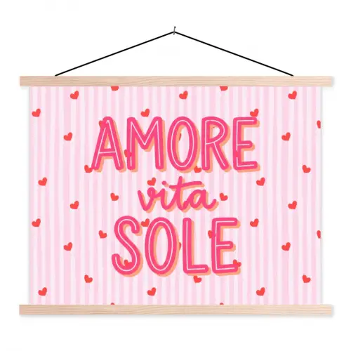 Amore vita sole - Roze - Hartjes textielposter latten blank klein -3d