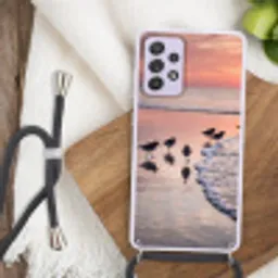 Meeuwen - Strand - Zee - Roze Hoesje Samsung Galaxy A52 5G met koord klein -sfeer4