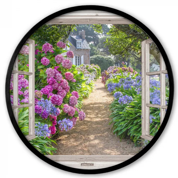 Hortensia - Doorkijk - Bloemen - Zomer - Paars - Pad Fotolijst rond zonder passe partout klein -3d