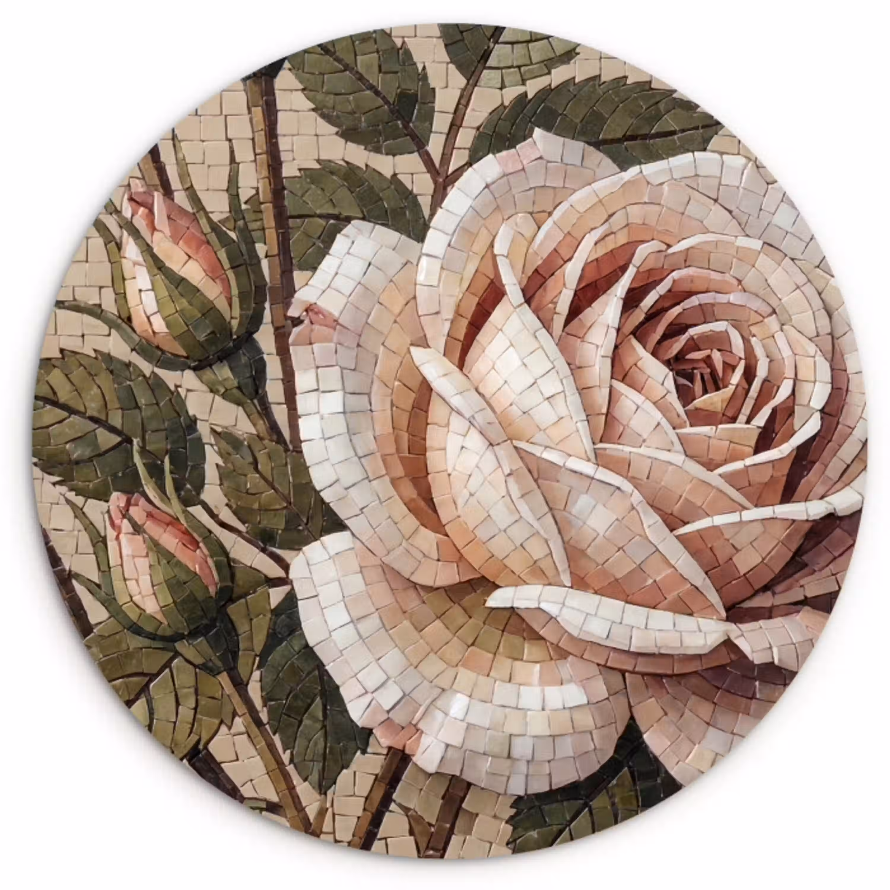 Roos - Mozaïek - Bloemen - Klassiek - Beige Wandcirkel kunststof plaat 5mm dik klein -3d