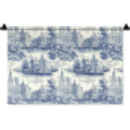 Huizen - Bomen - Water - Vogels - Blauw Wandkleed katoen klein 269 -zz3d