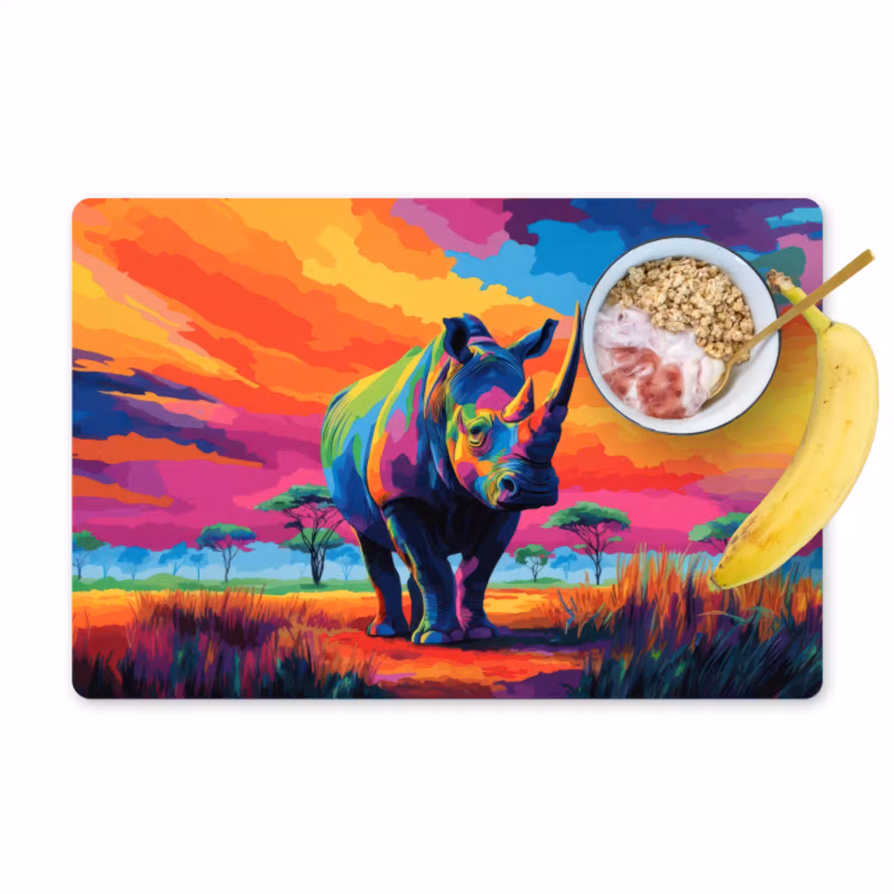 Neushoorn - Zonsondergang - Savanna - Kleurrijk Placemat vinyl groot -zzzproduct_Kitchenyeah-website