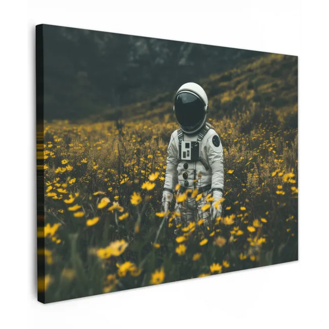 Leinwandbild - Astronaut - Blumen - Feld - Gelb