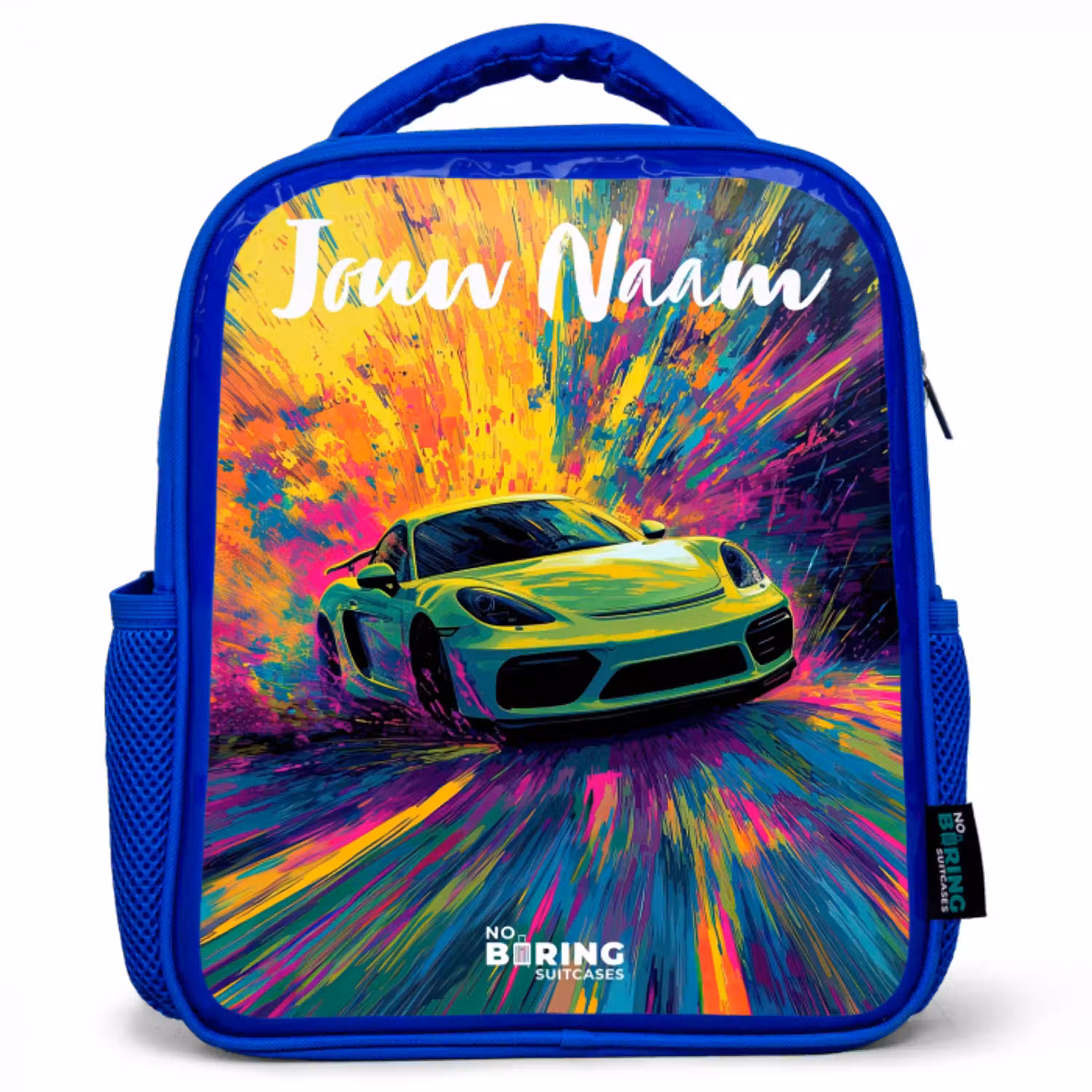 Sportauto - Groen - Verfstrepen - Kleuren Kinderrugzak - Blauw middel -3d