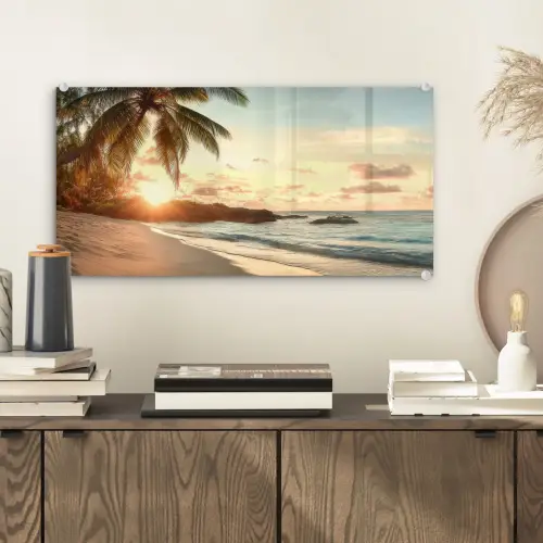 Strand - Palmbomen - Oceaan - Zonsondergang plexiglas 5mm klein -sfeer1
