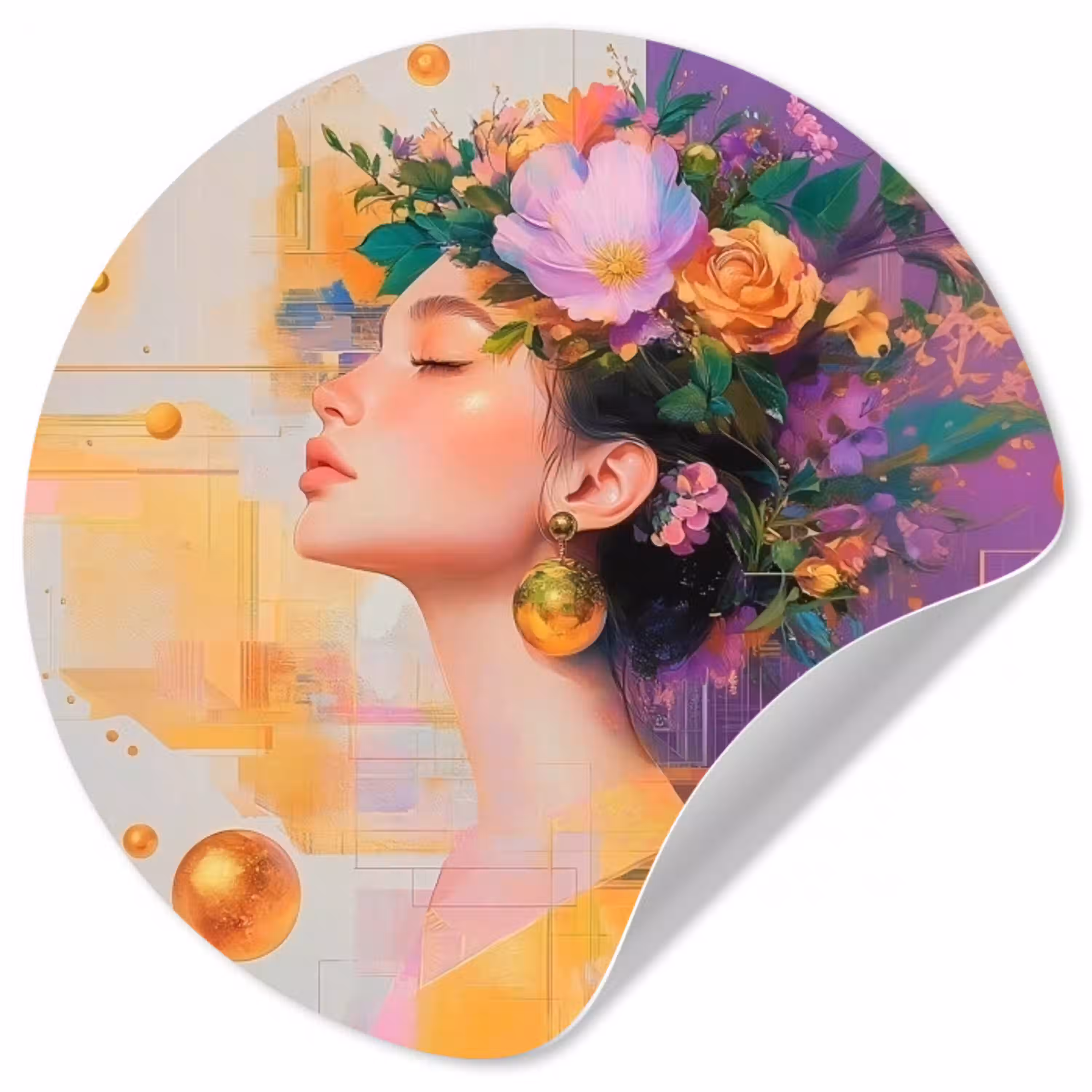 Abstract - Vrouw - Bloemenkroon - Goud Wandcirkel behangsticker klein -3d