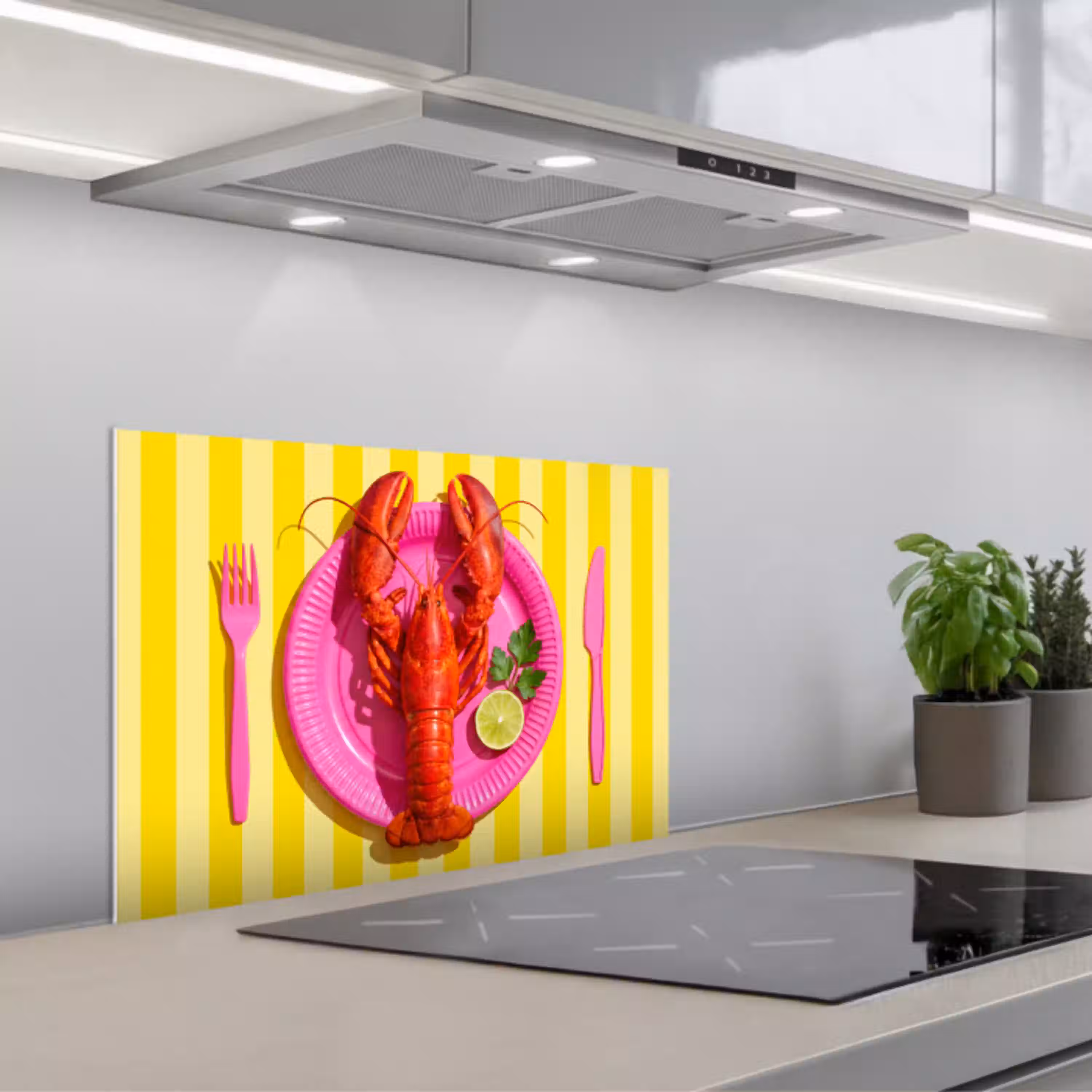 Eten - Roze - Geel - Modern - Culinaire keuken achterwand spatscherm klein -3d_schuin