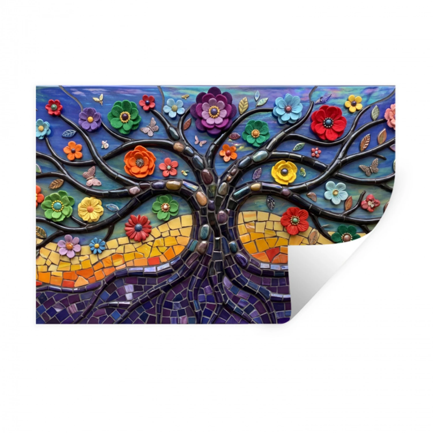 Levensboom - Mozaïek - Bloemen - Kleurrijk - Vrolijk Muursticker klein -3d