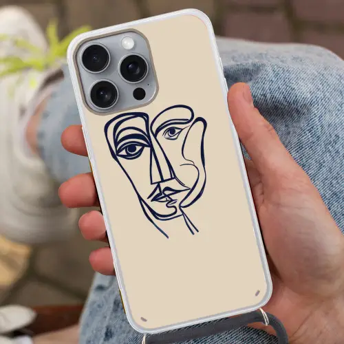 Minimalistisch - Lijnillustratie - Beige - Donkerblauw Hoesje iPhone 16 Pro Max met koord klein -sfeer3