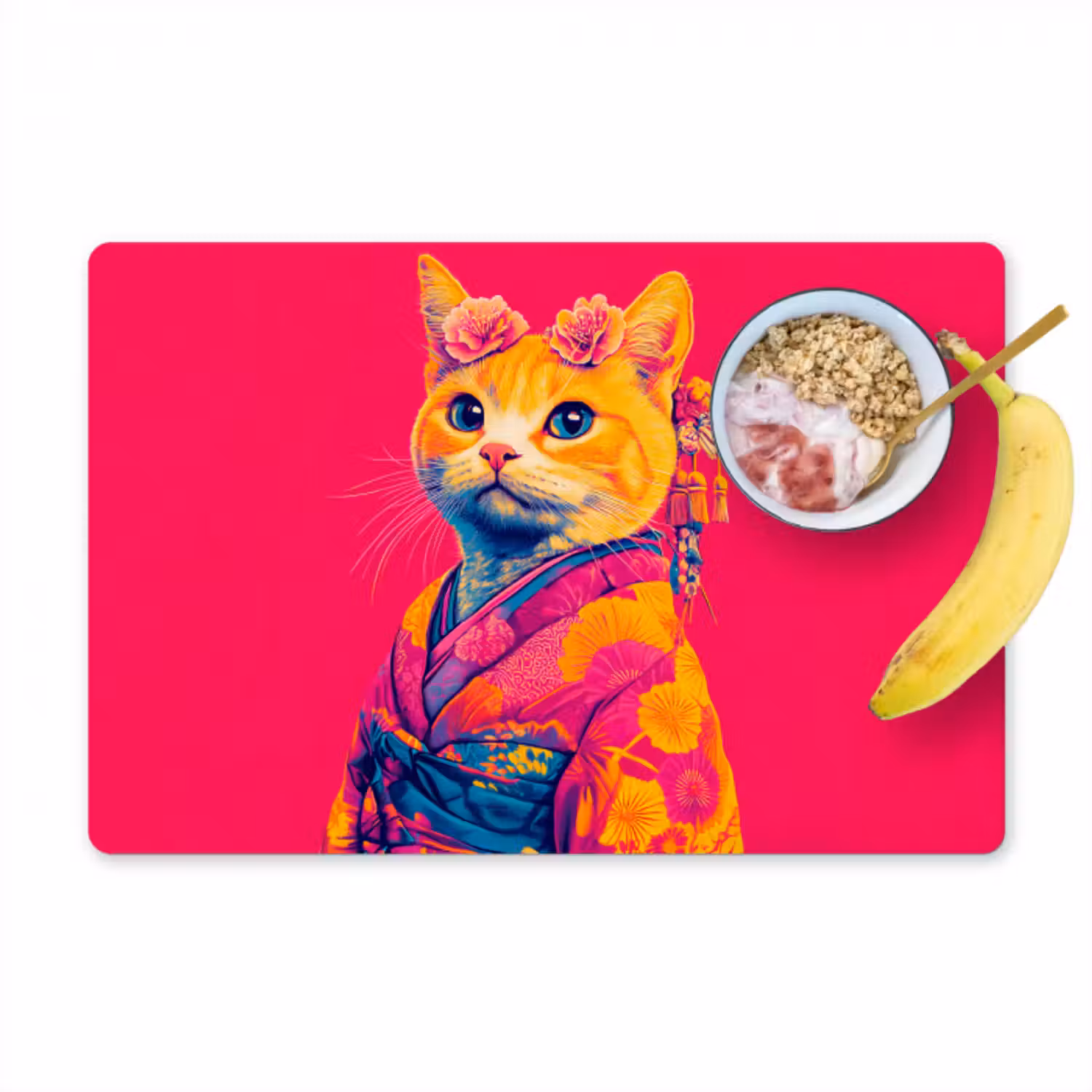 Tischset - 6 Stück - Katze - Kimono - Blumen - Rosa