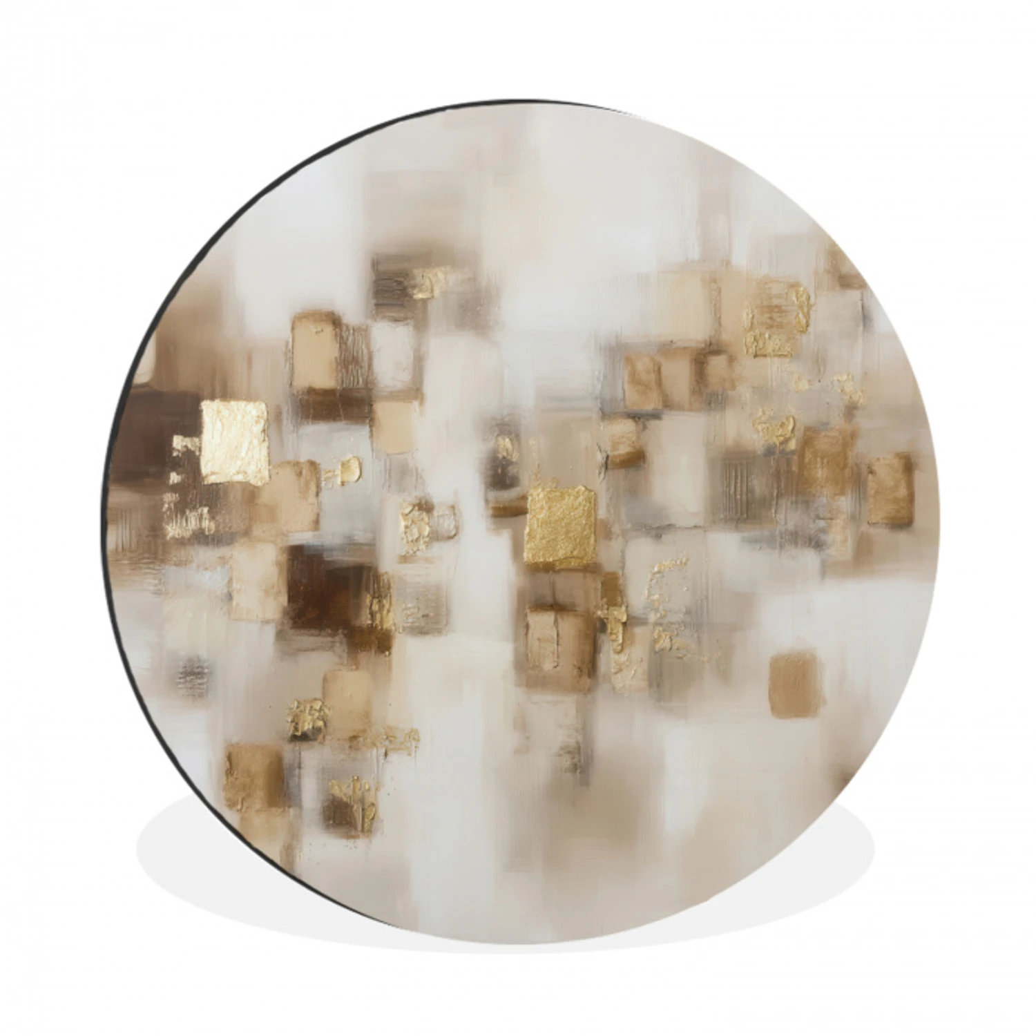 Abstracte vierkanten - Aardetonen - Mistig Wandcirkel aluminium klein -3d