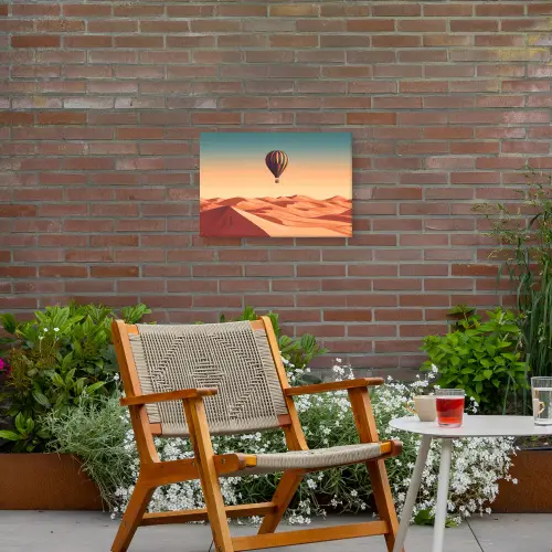 Luchtballon - Woestijn - Zonsondergang - Blauw Tuinposter op houten frame 2 cm dik klein -sfeer3