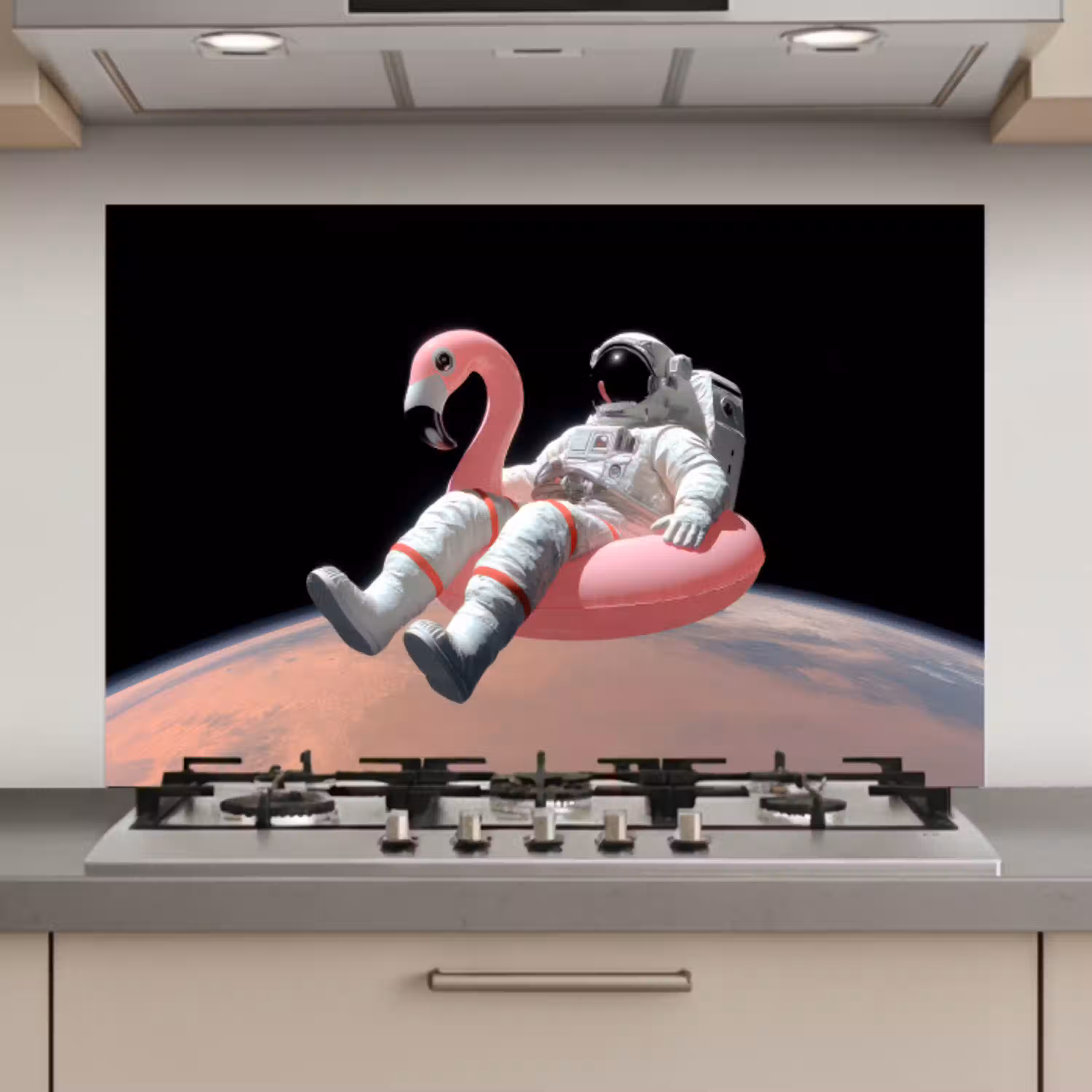 Astronaut - Flamingo - Zwemband - Roze keuken achterwand spatscherm klein -3d_website