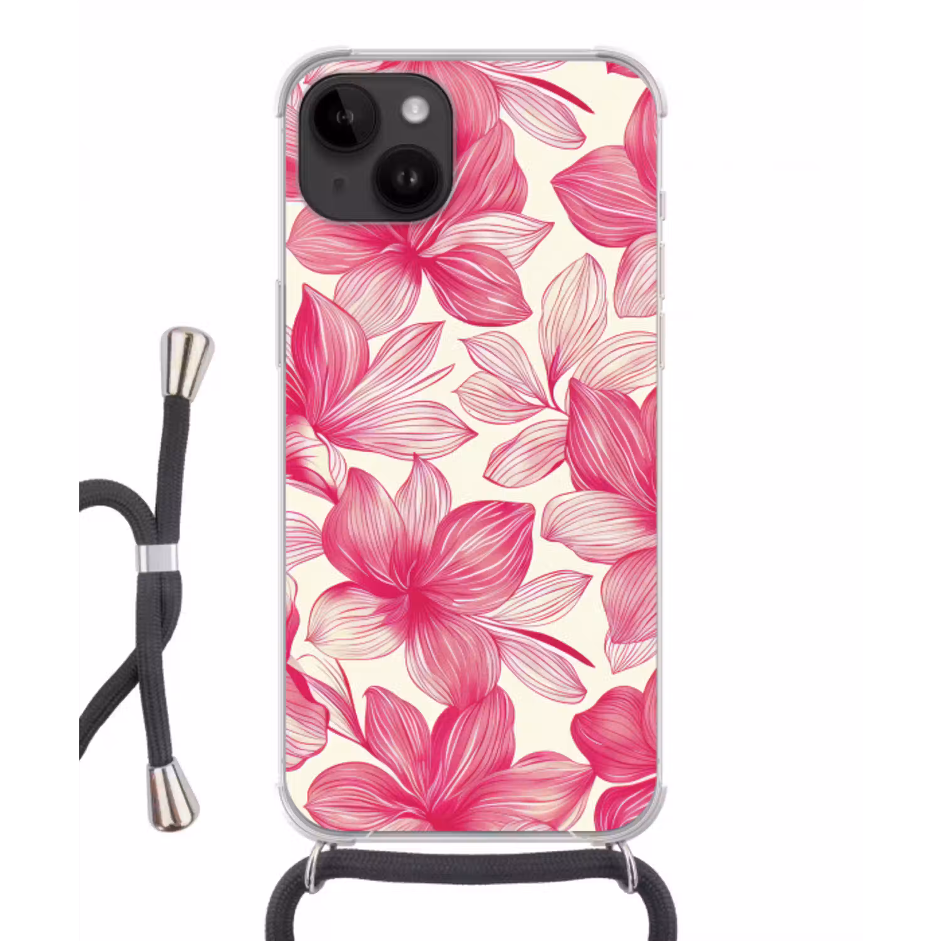 Bloemen - Patroon - Roze - Wit Crossbody Case iPhone 14 middel -3d