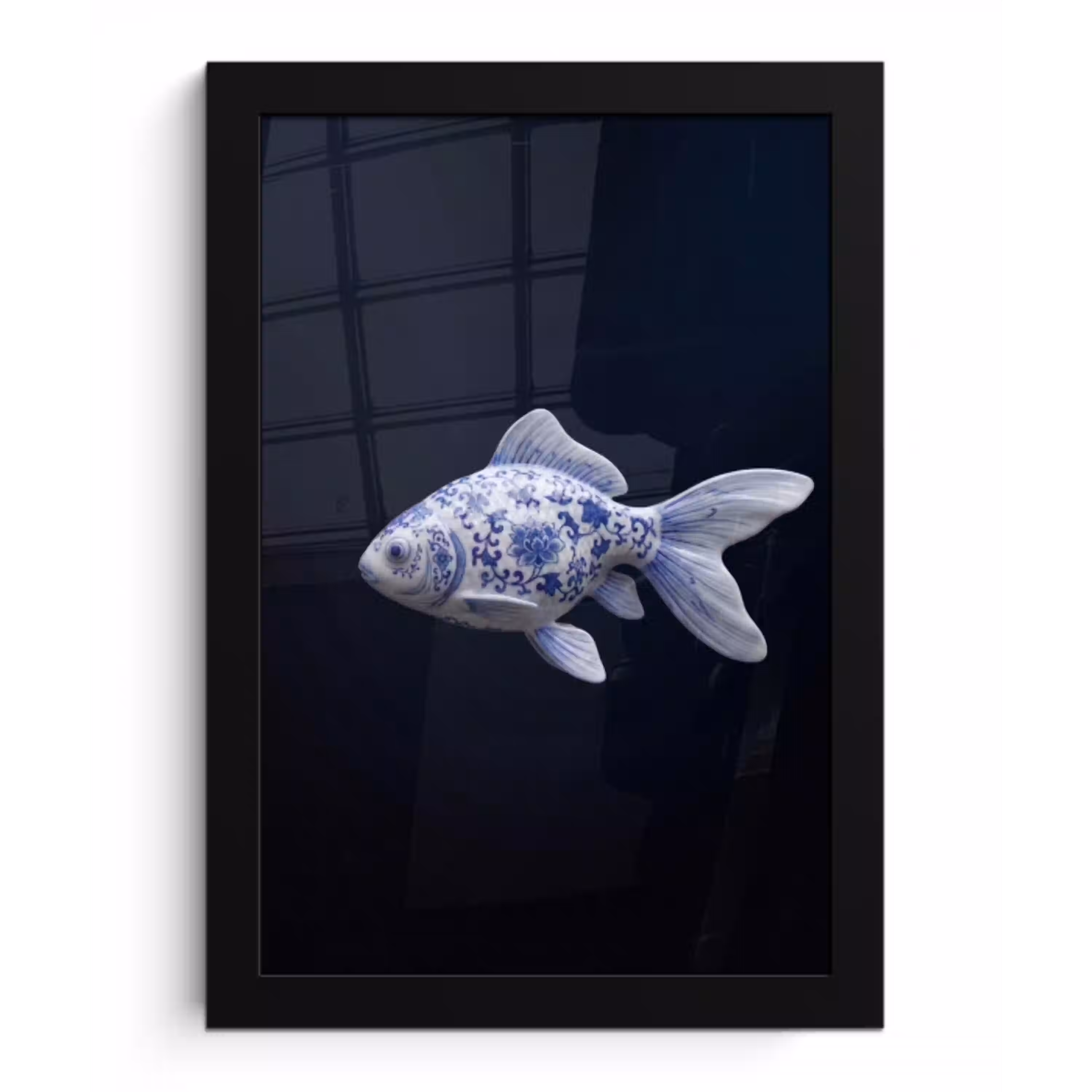 Porselein - Goudvis - Delfts - Blauw fotolijst zwart zonder passe partout klein -3d