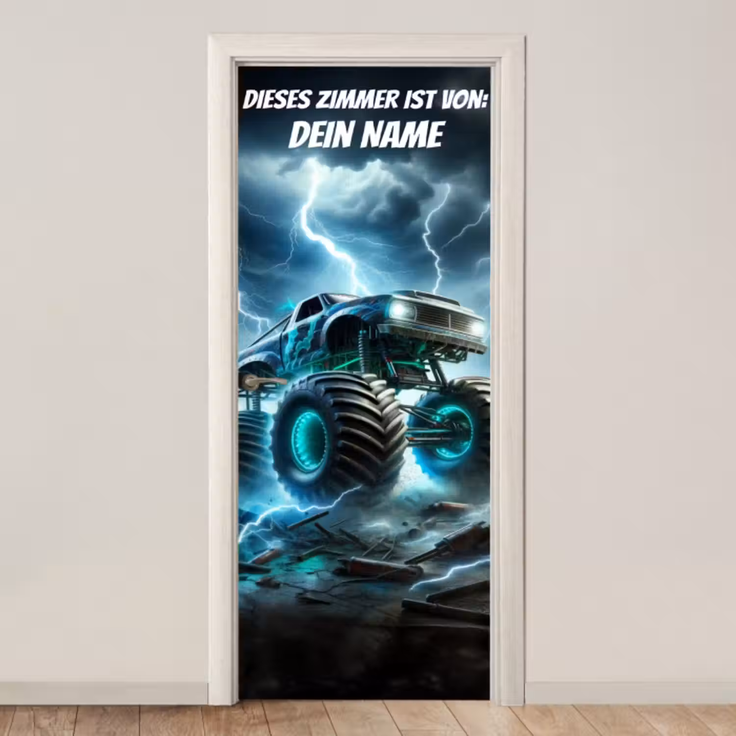 Türtapete mit Name - Monstertruck im Gewitter mit Namensfeld.