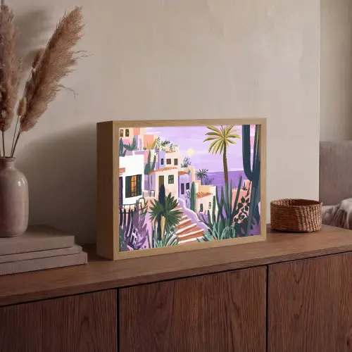 Huizen - Minimalistisch - Palmbomen - Kust Light Box met batterij (Wandlamp) middel -sfeer2