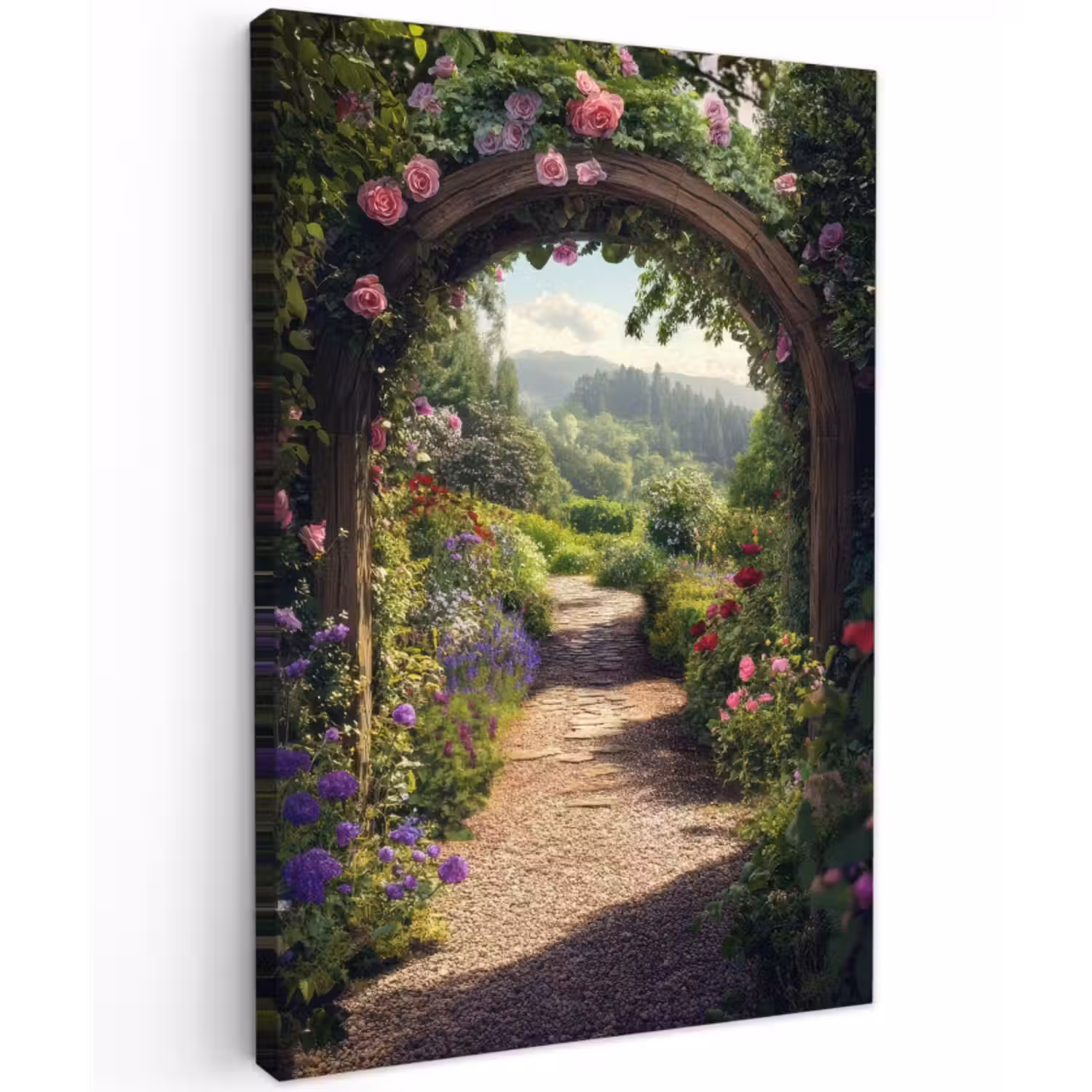 Outdoor Leinwand - Ausblick - Landschaft - Blumen - Rosenbogen - Natur