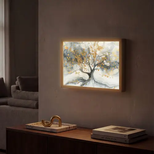 Boom - Modern - Abstract - Goud - Zwart - Wit Light Box met batterij (Wandlamp) middel -sfeer1