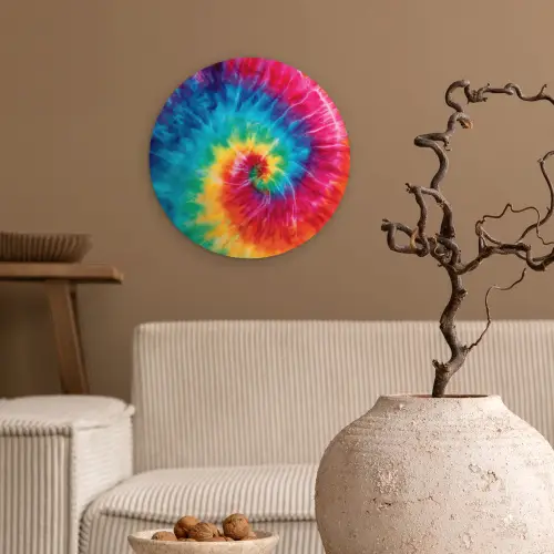 Regenboog - Tie dye - Kleurrijk - Blauw Wandcirkel kunststof plaat 5mm dik klein -sfeer1