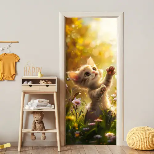 Kitten - Dier - Natuur - Bloemen deurposter klein -sfeer4