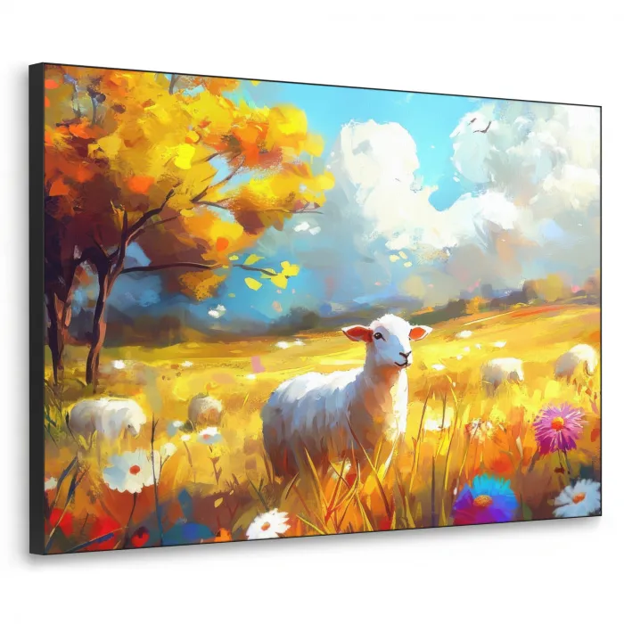 Schaap - Weide - Bloemen Textielframe zwart klein -3d