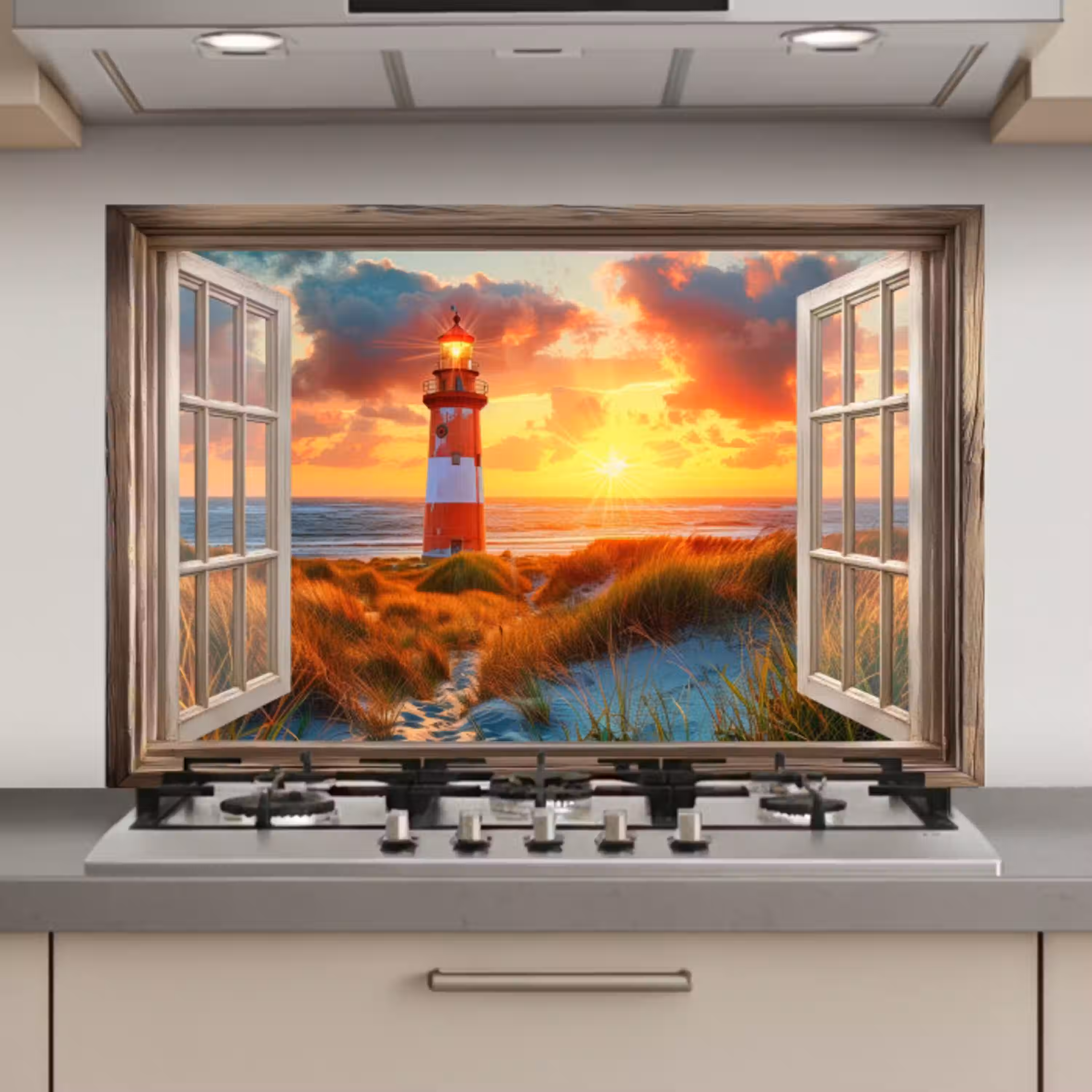 Doorkijk - Raam - Vuurtoren - Zonsondergang - Strand keuken achterwand spatscherm klein -3d_website