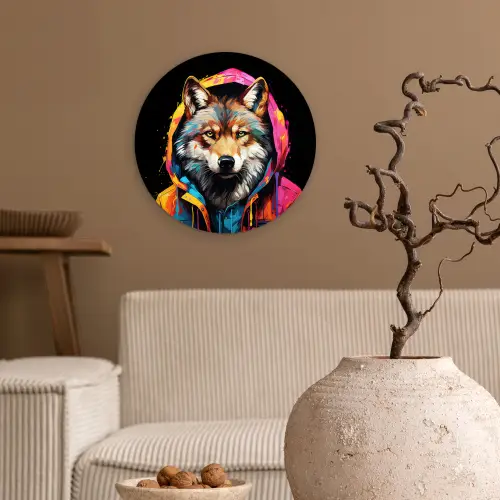 Graffiti - Wolf - Jas - Zwart Wandcirkel kunststof plaat 5mm dik klein -sfeer1