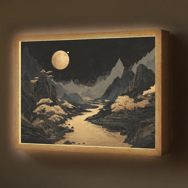 Lightbox - Wandlamp - Gouden rivier - Bergen - Maan - Sterrenhemel